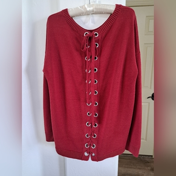 Express Women's Red Crew Neck Sweater Back Lace Up Medium - Picture 6 of 8